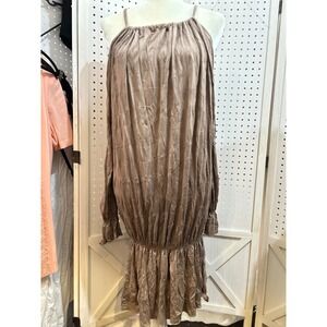 Boho Gauze Off Shoulder Long Sleeve Ruched Tiered Midi Dress Brown